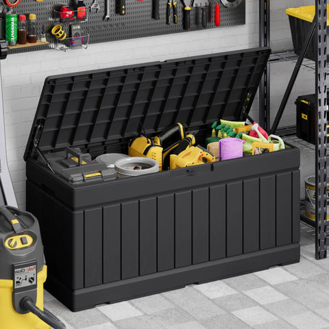 78 Gallon Waterproof Resin Deck Box With Lockable Bench open in garage with tools and cleaning supplies inside, black resin with rattan pattern