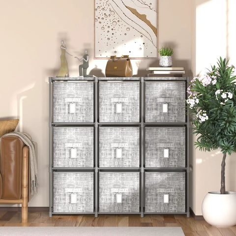 9 Cube Storage Organizer With Printed Fabric Drawers And Labels Large Capacity Cubby Shelf For Closet Living Room Dorm And Craft Yarn In Grey