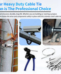 Heavy Duty Stainless Steel Cable Tie Gun Kit With 100 Self Locking Zip Ties, Metal Tie Wrap Gun and accessories shown in use