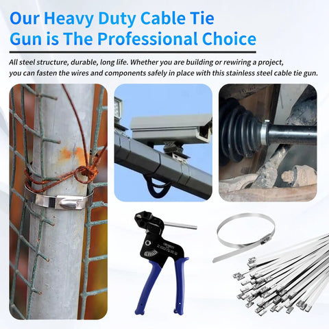 Heavy Duty Stainless Steel Cable Tie Gun Kit With 100 Self Locking Zip Ties, Metal Tie Wrap Gun and accessories shown in use