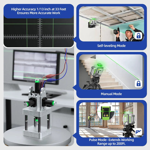 Rock Solid 360 Self Leveling Green Laser Level With 12 Dead On Cross Lines High Precision Rotary Beacons for precise manual and self-leveling modes.