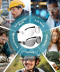 Image of people wearing Clear ANSI Z87.1 Safety Glasses For Men And Women during construction, lab work, gardening, cycling, and woodworking.