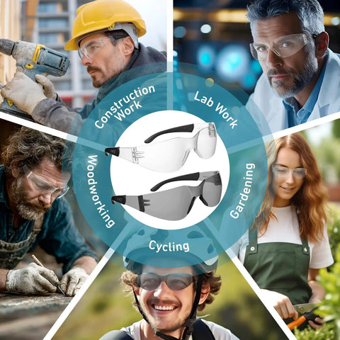 Image of people wearing Clear ANSI Z87.1 Safety Glasses For Men And Women during construction, lab work, gardening, cycling, and woodworking.