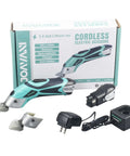Joyani Cordless Electric Fabric Scissors For Sewing Cardboard And Carpet with batteries and charger in packaging.