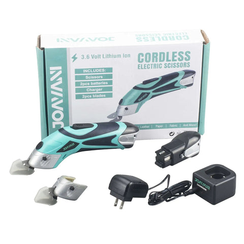 Joyani Cordless Electric Fabric Scissors For Sewing Cardboard And Carpet with batteries and charger in packaging.