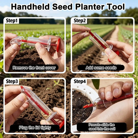 Seed Planter Tool Set With Seed Spreader And Mini Planter For Small Seeds shown in use in a garden setting