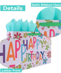 Close-up of details showing satin ribbon handle and letter print on sixteen point five inch extra large colorful happy birthday gift bag set.