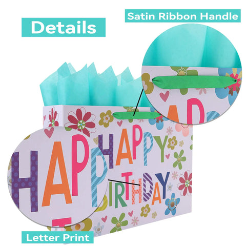 Close-up of details showing satin ribbon handle and letter print on sixteen point five inch extra large colorful happy birthday gift bag set.