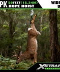 Deer hanging in forest using Heavy Duty 2000 Lb 50 Ft Reflective Rope Hoist Pulley Wheel Block And Tackle System 5 To 1 Ratio