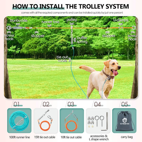 Heavy Duty Dog Runner Trolley System With 100 Ft Zip Line, Dual 10 Ft And 15 Ft Tie Outs For Large Dogs Up To 250 Lbs, Chew Proof Run Cable installation guide.