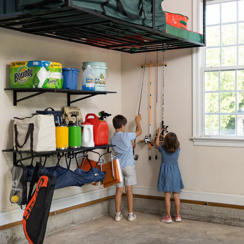Children using Stillwater Fishing Pole Holders For Garage Wall And Ceiling Storage Rack Holds 8 Rods Or Combos Up To 40 Lbs In Solid Wood