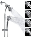 Two In One Handheld And Overhead Shower Head System In Chrome With Five Modes Four Inch And Four Inch Dual Shower Heads