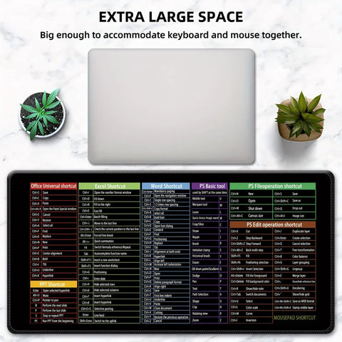 Cheat Sheet Desk Pad With Shortcut Keys And More Mega Wide 31.5 By 11.8 Inch Non Slip Waterproof Mouse Pad for Gaming and Office Desk Setup with keyboard.