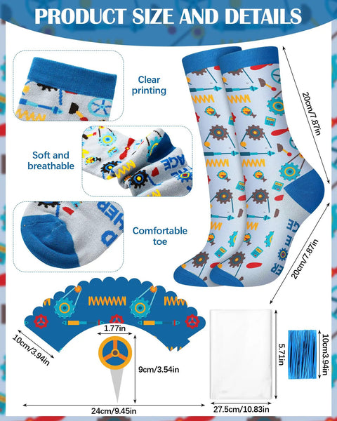 Twelve Pairs Men's Mechanic Socks Gift Set With Dope Cupcake And Gear Patterns, featuring white socks with gear designs.