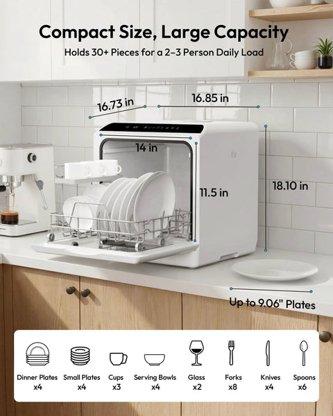 Hassle Free Portable Countertop Dishwasher With Six Smart Wash Cycles And Ultra Quiet Forty Decibel Operation For Smooth Apartment Living Without The Plumbing Headache, compact with a capacity for 30+ dishes.