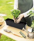Person planting in 3 Pack 16x3.8 Inch Window Box Planters With Drainage Holes And Trays, Black Rectangular Plastic Pots For Windowsill Balcony Garden Indoor Or Outdoor Decor, Great For Herbs Succulents Flowers.