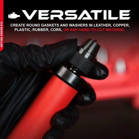 Close-up of Pro Grade Hollow Punch Kit for Leather and Gasket Making, showcasing a hand holding the punch tool for precise cutting.