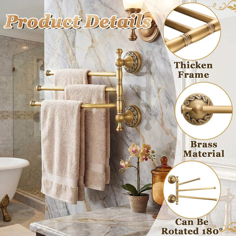 Wall Mounted Antique Brass Bathroom Hardware Set Bringing A Straight Up Premium Vibe With A Rock Solid Three Arm Swivel Towel Rack showcasing thick frame and brass material.