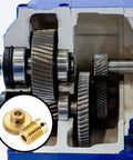 uxcell worm gear set 40T, 0.5 module, 1:40 reduction, in blue gearbox; inset shows brass gears with 5 mm bore.