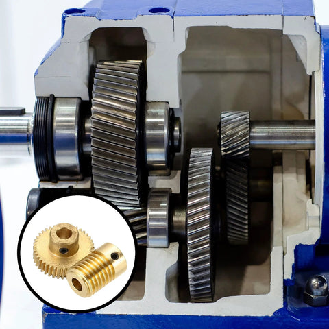 uxcell worm gear set 40T, 0.5 module, 1:40 reduction, in blue gearbox; inset shows brass gears with 5 mm bore.