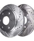 Pair of drilled and slotted rotors from 8 Piece Front And Rear Drilled Slotted Rotors Brake Kit With Ceramic Pads For Ford F150 Expedition Lincoln Navigator 2018 2019 2020 Includes 13.78 Inch Front Rotors And 13.23 Inch Rear Rotors.