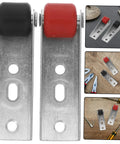 Heavy Duty Silent Sliding Door Wheels For Barn Gates Smooth As Butter Roller Guides with black and red rollers on metal brackets.