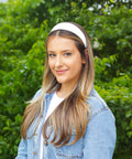 Slay Your Daily Hair Game With This Super Comfy Two Inch White Vegan Leather Headband For Women Featuring Nonslip Inner Lining To Stay Secure During Gym Workouts Or Lazy Sundays And Weekends.