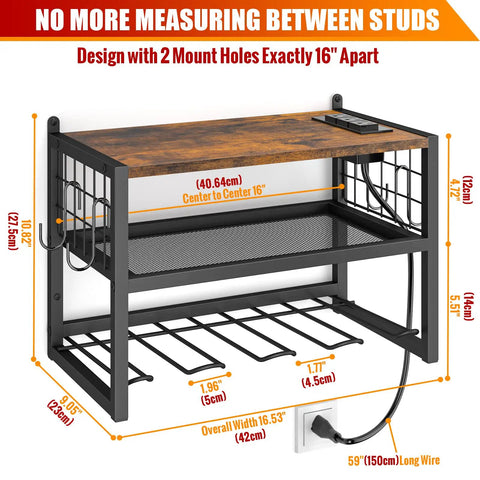 Power Tool Organizer With Built In Power Strip And 3 Outlets For Garage And Workshop, Wall Mount, 5 Ft Extension Cord, dimensions shown