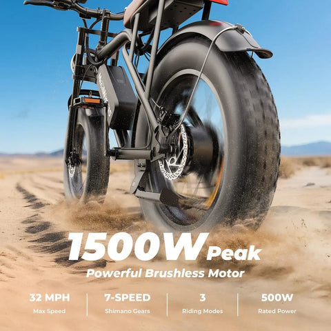 Beast 1500W Electric Fat Tire Bike For Adults With 33 MPH Top Speed 40 To 75 Mile Range 48V 15.6Ah Removable Battery 7 Speeds 3 Modes Full Suspension Dual Disc Brakes 20 Inch All Terrain Fat Tires UL 2849 Certified, rear wheel in sand