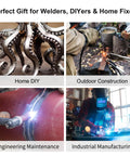 Collage of welding projects: intricate metal sculpture, outdoor welding on metal surface, pipe welding, industrial welding in workshop