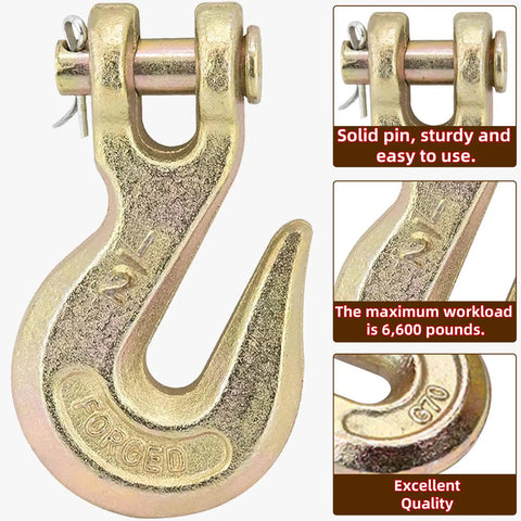 Rock Solid 4 Pack Chain Hooks With Half Inch G70 Clevis Grab Design forged steel hook with yellow zinc finish, 6600 lbs capacity.