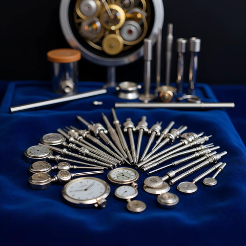 5 Piece Steel Watch Stem Crowns Kit For NH35 NH36 NH38 NH39 Movements Replacement Parts on a blue cloth
