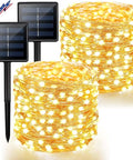Two Pack 66ft Outdoor Solar String Lights With 200 LEDs Waterproof Copper Wire in warm white with solar panels visible