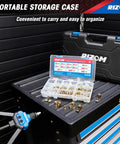 Rivet Nut Tool Kit, 16 Inch Rivnut Tool With 13 Metric And SAE Mandrels in a carrying case with assorted rivnuts on table.
