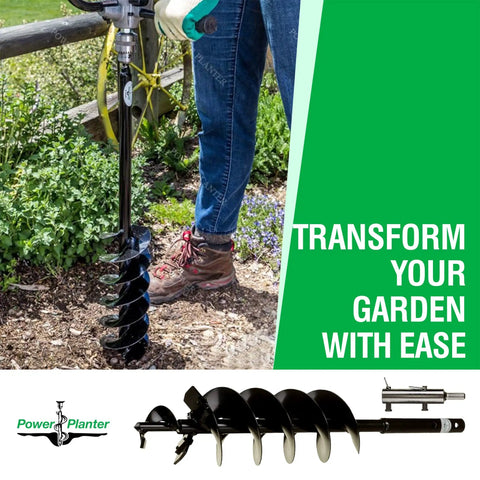 Powerful Heavy Duty Planting Auger With Replaceable Parts 5 Inch By 28 Inch Hex Drive in use for garden digging