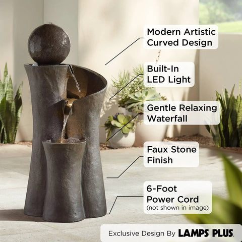 Sphere Curve 39 1/2 Inch High Modern Zen Faux Stone Floor Fountain With Built In LED Light For Indoor Outdoor Use Garden Decor