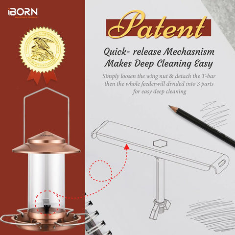 Instruction diagram for Chew Proof Metal Bird Feeder For Outdoors with Copper Finish showcasing quick-release mechanism for cleaning.