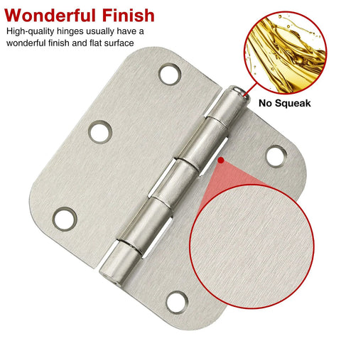 Front view of brushed nickel interior door hinge, 3.5 in long, 5/8-radius, satin silver steel hardware