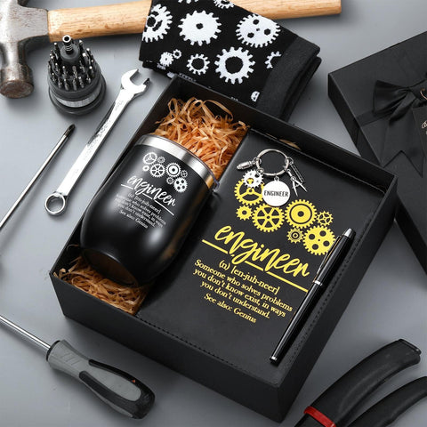 Engineers Week Gift Set For Men And Women Includes 12 Oz Stainless Steel Tumbler With Lid And Straw Socks Keychain Notebook And Pen In Gift Box For Aerospace Mechanical Electrical Civil Engineering Gearhead Approved displayed in box.