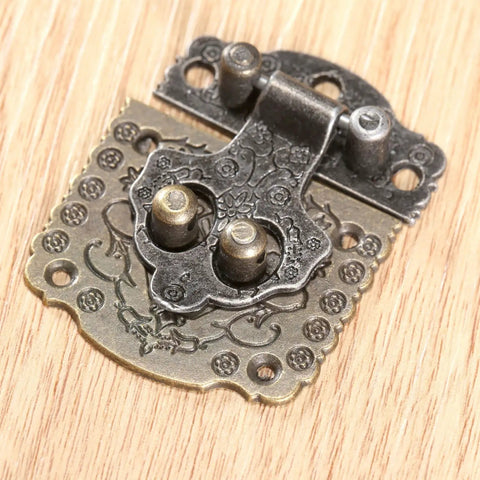 Two Pack Antique Bronze Cabinet Hinges With Lock Latch Hasps For Vintage Wooden Boxes And Cupboards, close-up view