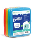 4 Pack Slim Ice Packs for Lunch Boxes and Coolers, Quick Freeze, in multi-colored set, displayed side by side with packaging label.