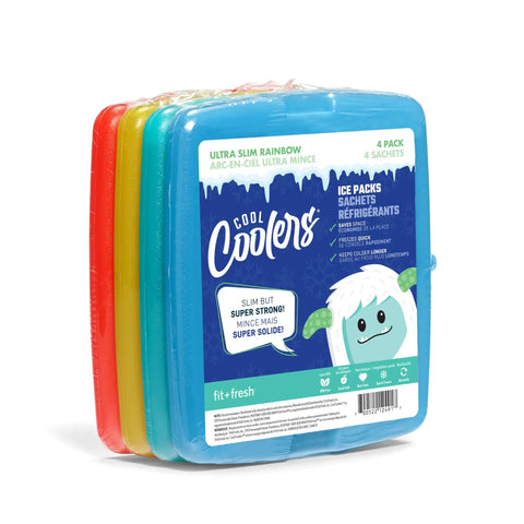 4 Pack Slim Ice Packs for Lunch Boxes and Coolers, Quick Freeze, in multi-colored set, displayed side by side with packaging label.