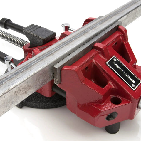 Low Profile 6 Inch Bench Vise With Rapid Opening Rugged Steel Jaws Replaceable Serrated Jaws For Secure Non Slip Grip Opens