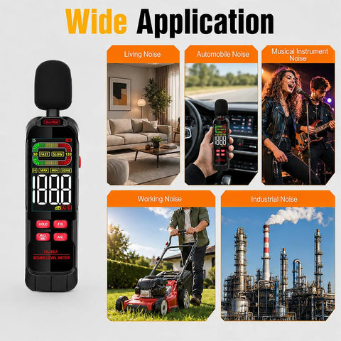 Digital Sound Level Meter With 30 To 130 dB Range A And C Weighting Fast Or Slow Response Max Min Data Hold Color Backlit Display Ideal Noise Meter For Home Office Shop Floor And Neighbor Noise Checks, handheld sound meter