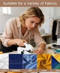 Woman using Portable Handheld Sewing Machine Kit For Beginners And Adults with fabric samples and tools visible