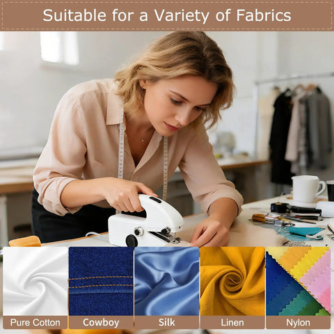 Woman using Portable Handheld Sewing Machine Kit For Beginners And Adults with fabric samples and tools visible