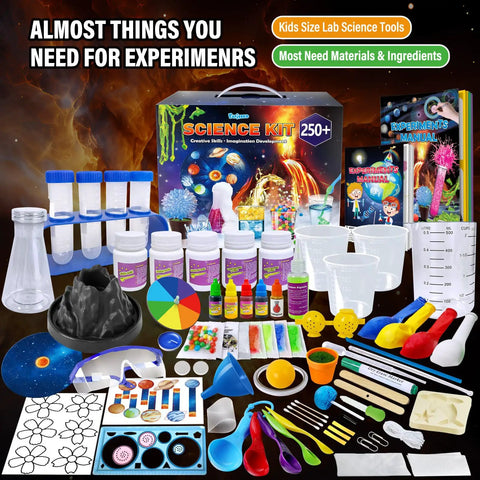 250 Plus Science Experiments Kit For Kids With Erupting Volcano Planet Bouncy Ball And Chemistry Scientist Set displayed