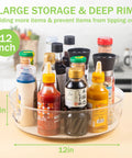 Round 12 Inch Lazy Susan Organizer With Non Skid Liners And Handle holding condiments in kitchen