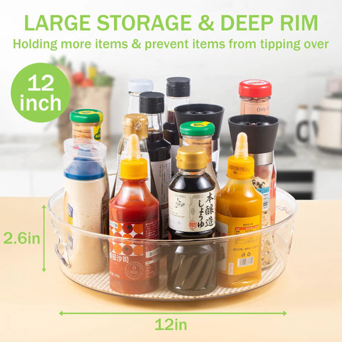 Round 12 Inch Lazy Susan Organizer With Non Skid Liners And Handle holding condiments in kitchen