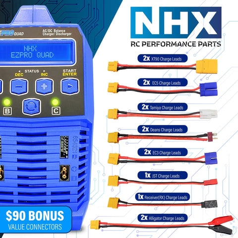 Beefy Quad 100W X4 Battery Balance Charger with various charge leads included, shown with connectors and display screen.